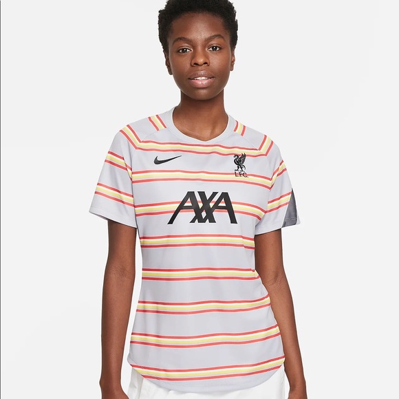 LIVERPOOL FC WOMENS DRI FIT PRE MATCH SOCCER JERSEY TOP SIZE MEDIUM GRAY STRIPED - Picture 1 of 1